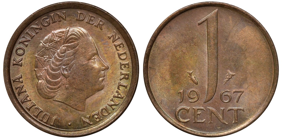 НИДЕРЛАНДЫ 1 ЦЕНТ 1967 ЮЛИАНА KM 180 бронза 72-1069