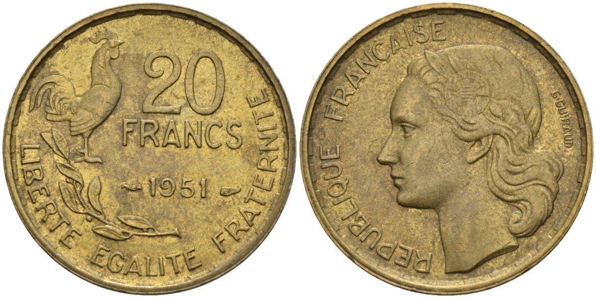 Франция 20 франков 1950 B, петух KM 917.1 алюминиевая бронза 4142-1236