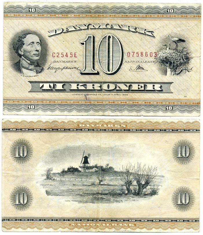 Дания 10 крон 1954 Ханс Кристиан Андерсен, ветряная мельница в Эгескове, Haugen-Johansen, Riim Pick 44 d  бумага   7221-16-1-2