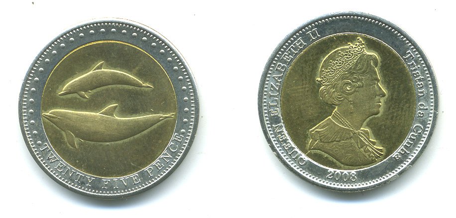 ТРИСТАН ДА КУНЬЯ 25 ПЕНСОВ 2008 ДЕЛЬФИНЫ KM 33 биметалл UNC 540-313