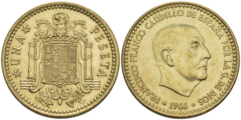 Испания 1 песета 1966 (75) Франциско Франко (1939-1975) КМ 796 алюминиевая бронза 67-755