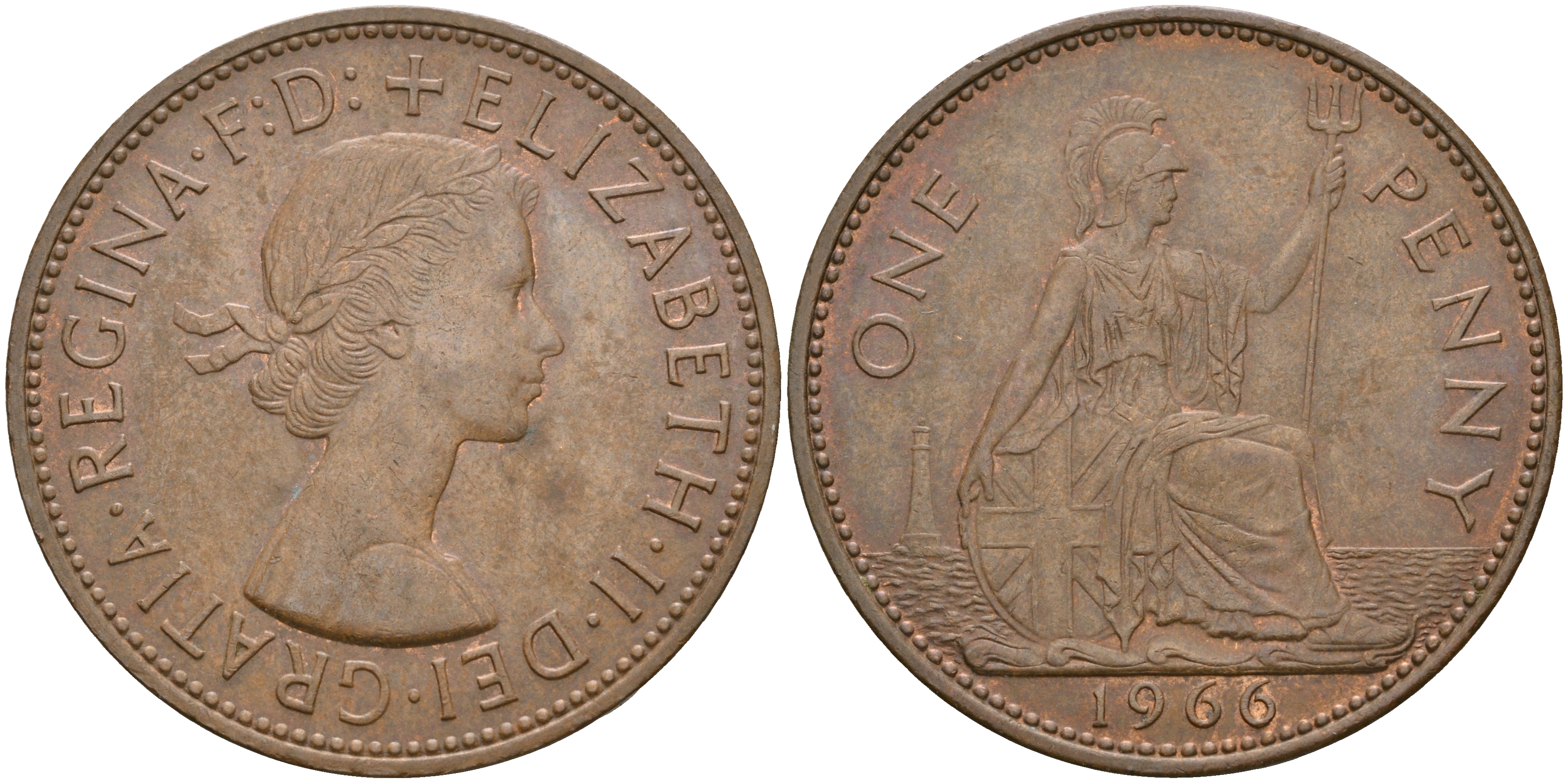 Великобритания 1 пенни 1966 Елизавета II (1952-2022) КМ 897, Spink 4157 бронза    4110-416