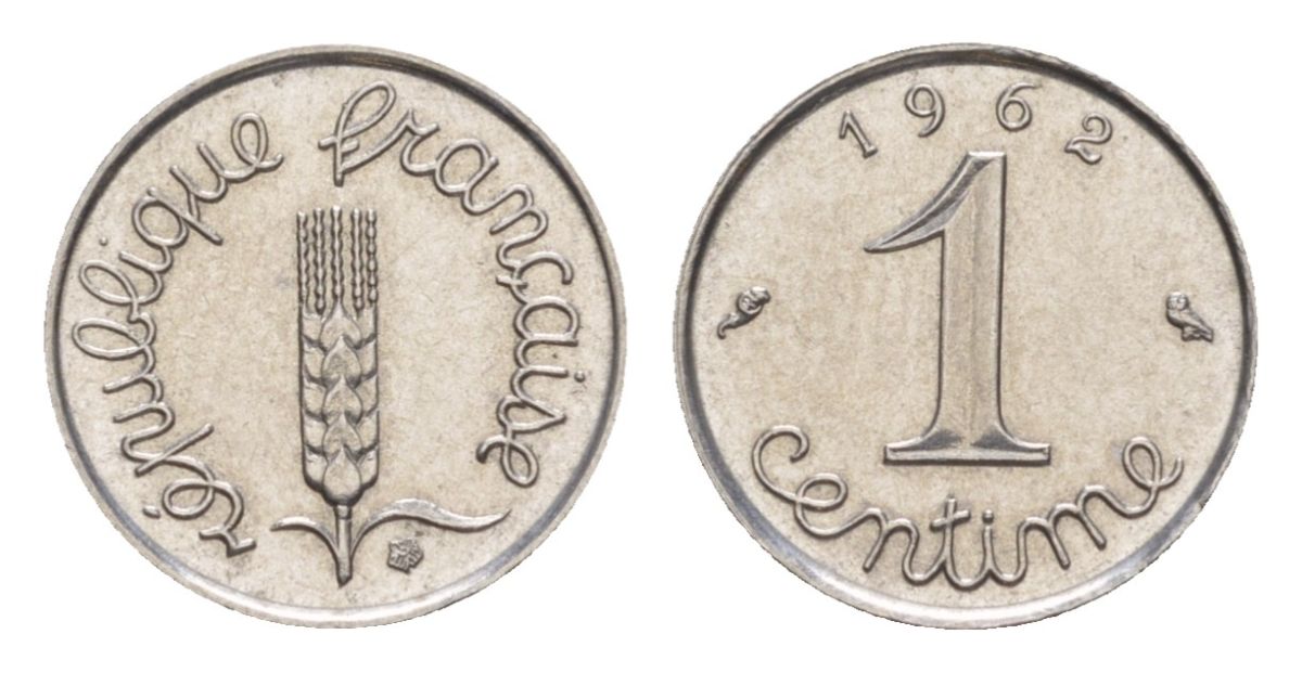 Франция 1 сантим 1962 пятая республика KM 928, Le Franc 106.4 нержавеющая сталь UNC 4630-312