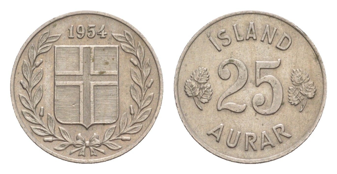 Исландия 25 эйре 1954 KM 11 медно-никель 4617-427
