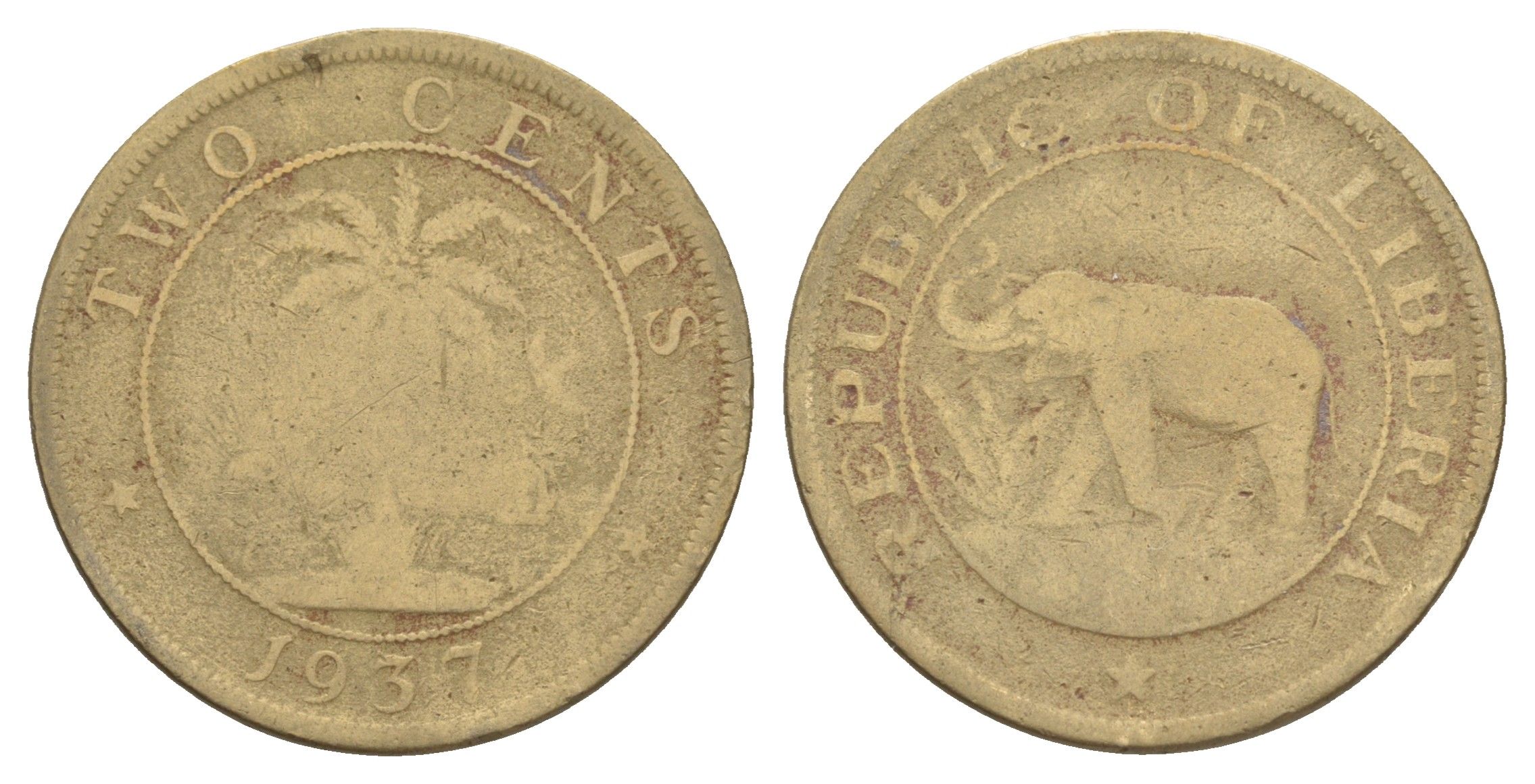 Либерия 2 цента 1937 KM 12 латунь 4641-1242