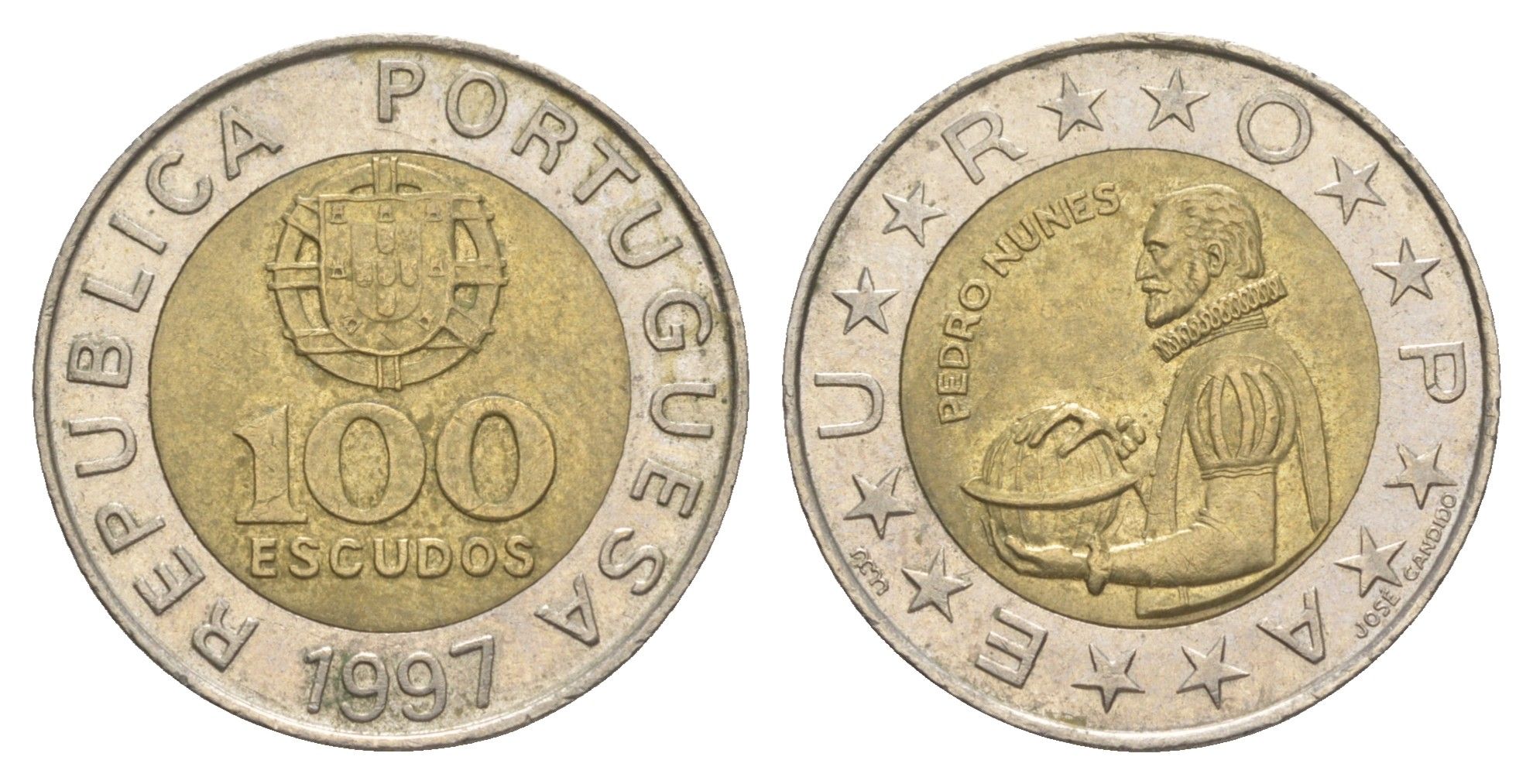 Португалия 100 эскудо 1997 Педру Нуниш (1502-1578), математик KM 645 биметалл 4566-312