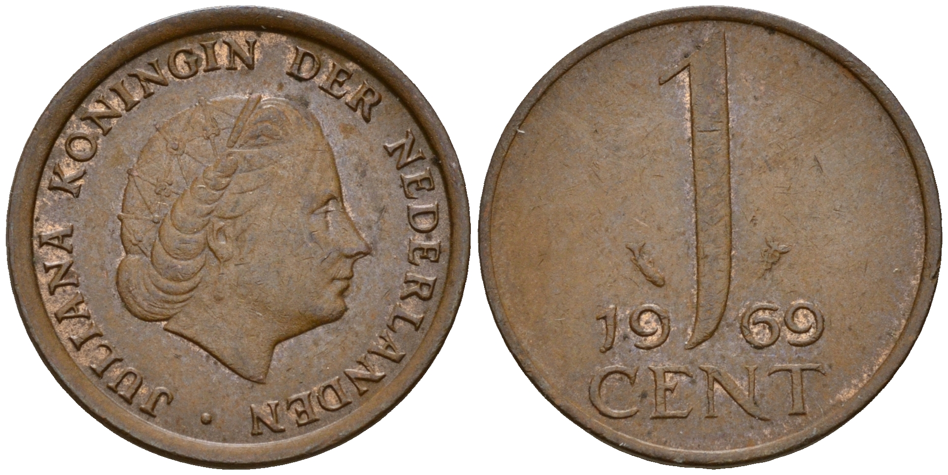 Нидерланды 1 цент 1969 Юлиана (1949-1980) vis KM 180 бронза    4598-253