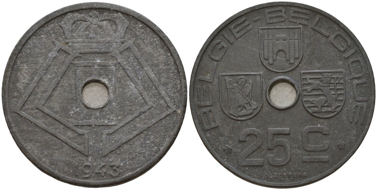 Бельгия 25 сантимов 1943 Belgie - Belgique, Леопольд III (1934-1947), германская оккупация, Вторая мировая война KM 132 цинк 4157-532