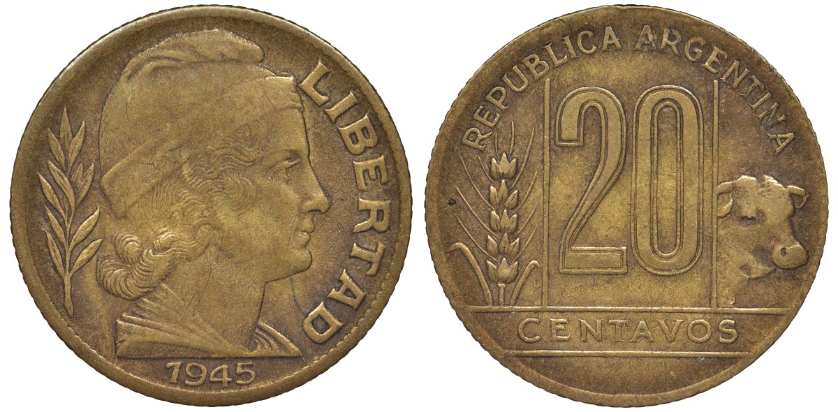 Аргентина 20 сентаво 1945 KM 42 алюминиевая бронза 4163-111