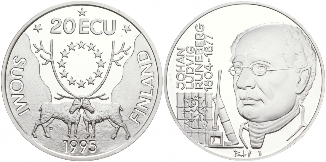 Финляндия 20 экю 1995 Йохан Людвиг Рунеберг серебро PROOF 02-038-12