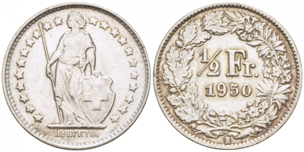 Швейцария 1/2 франка 1950 KM 23 серебро 3309-653
