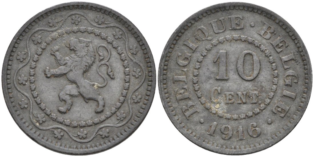Бельгия 10 сантимов 1916 Германская оккупация Первая мировая война, ТОЧКА ДО И ПОСЛЕ ДАТЫ KM 81 цинк 190-732