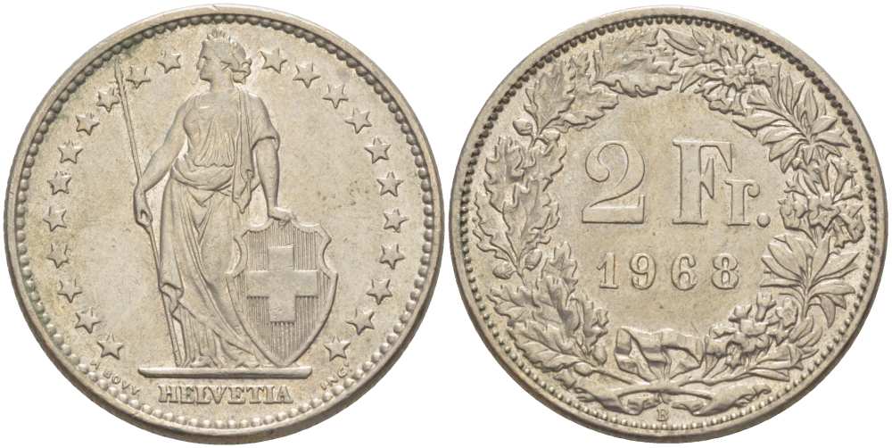ШВЕЙЦАРИЯ 2 ФРАНКА 1968 В KM 21а.1 медно-никель 32-421