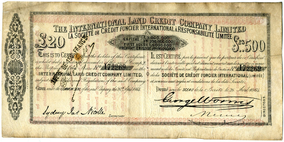 АНГЛИЯ СЕРТИФИКАТ АКЦИЙ НА 20 ФУНТОВ 1864 № 172269 НА ПРЕДЪЯВИТЕЛЯ бумага 5553-1