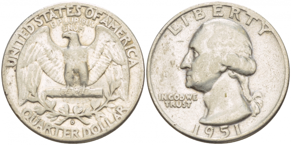 США 25 ЦЕНТОВ = КВОТЕР 1951 D ВАШИНГТОН KM 164 серебро 4546-1243