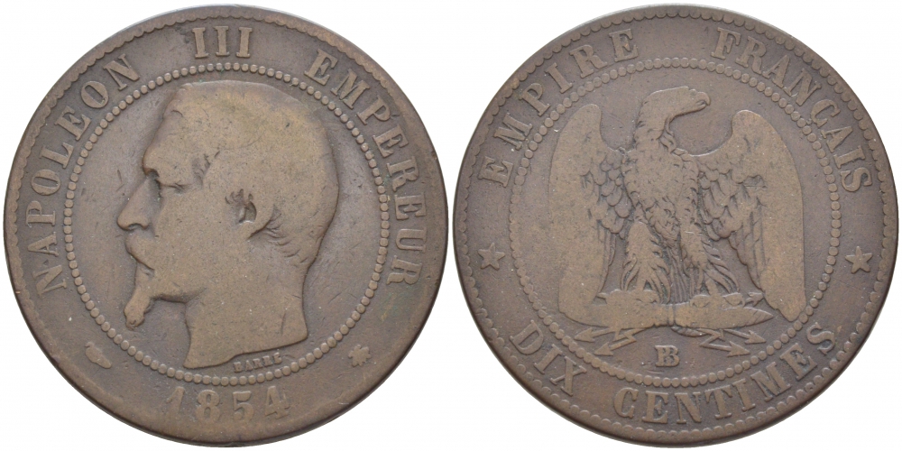 ФРАНЦИЯ 10 САНТИМОВ 1854 BB, НАПОЛЕОН III (1852-1870) KM 771.3 бронза 114-643