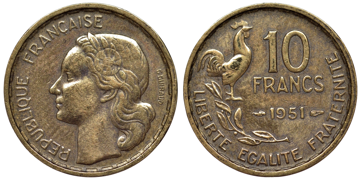 Франция 10 франков 1951 петух KM 915.1, Le Franc 363.4 алюминиевая бронза 71-1049