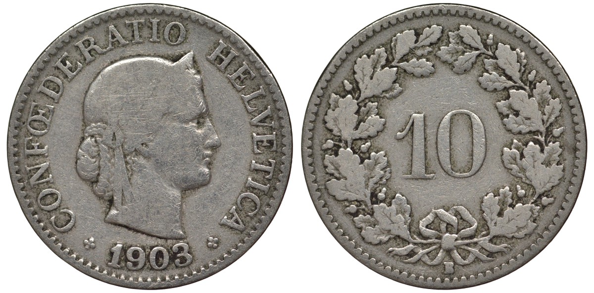 Швейцария 10 раппенов 1903 в KM 27 медно-никель 4128-715