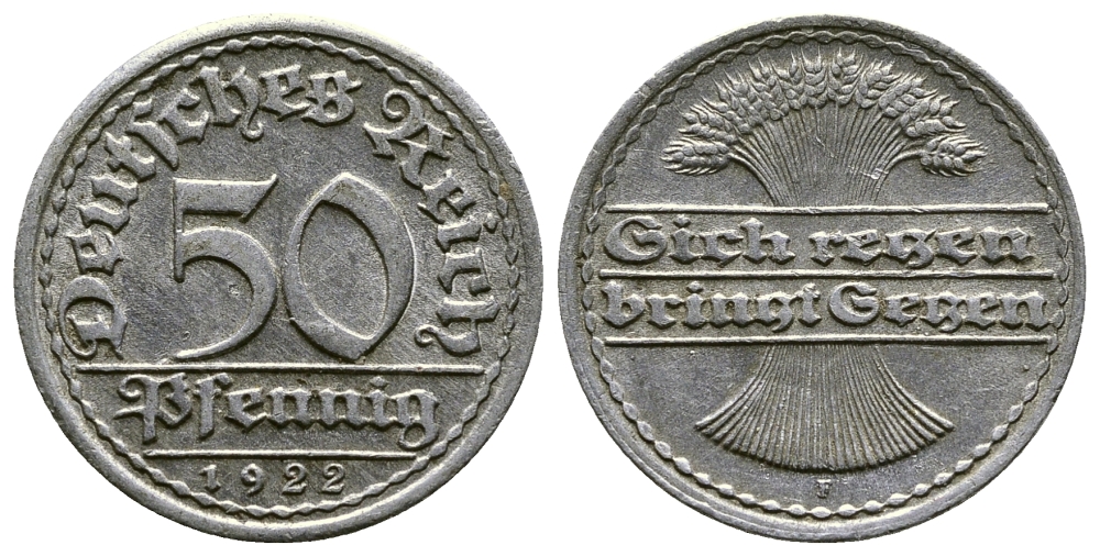 ГЕРМАНИЯ 50 ПФЕННИГОВ 1922 F KM 27, J. 301, Weege 10 алюминий 4380-913