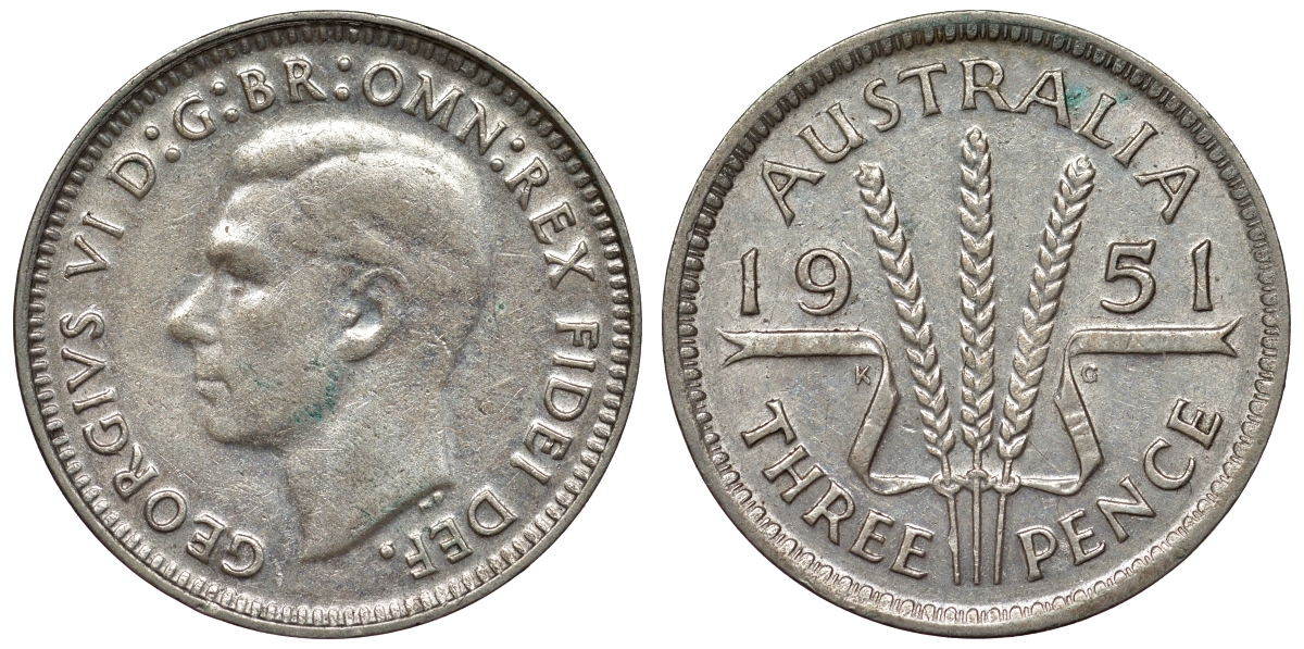 Австралия 3 пенса 1951 m, Георг VI (1937-1952), без букв KM 44 серебро 71-265