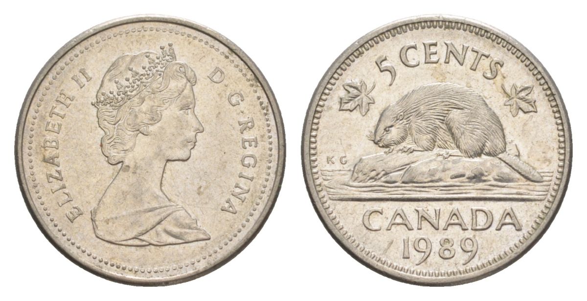 Канада 5 центов 1989 Елизавета II (1952-2022), бобр KM 60.2a медно-никель 4630-738