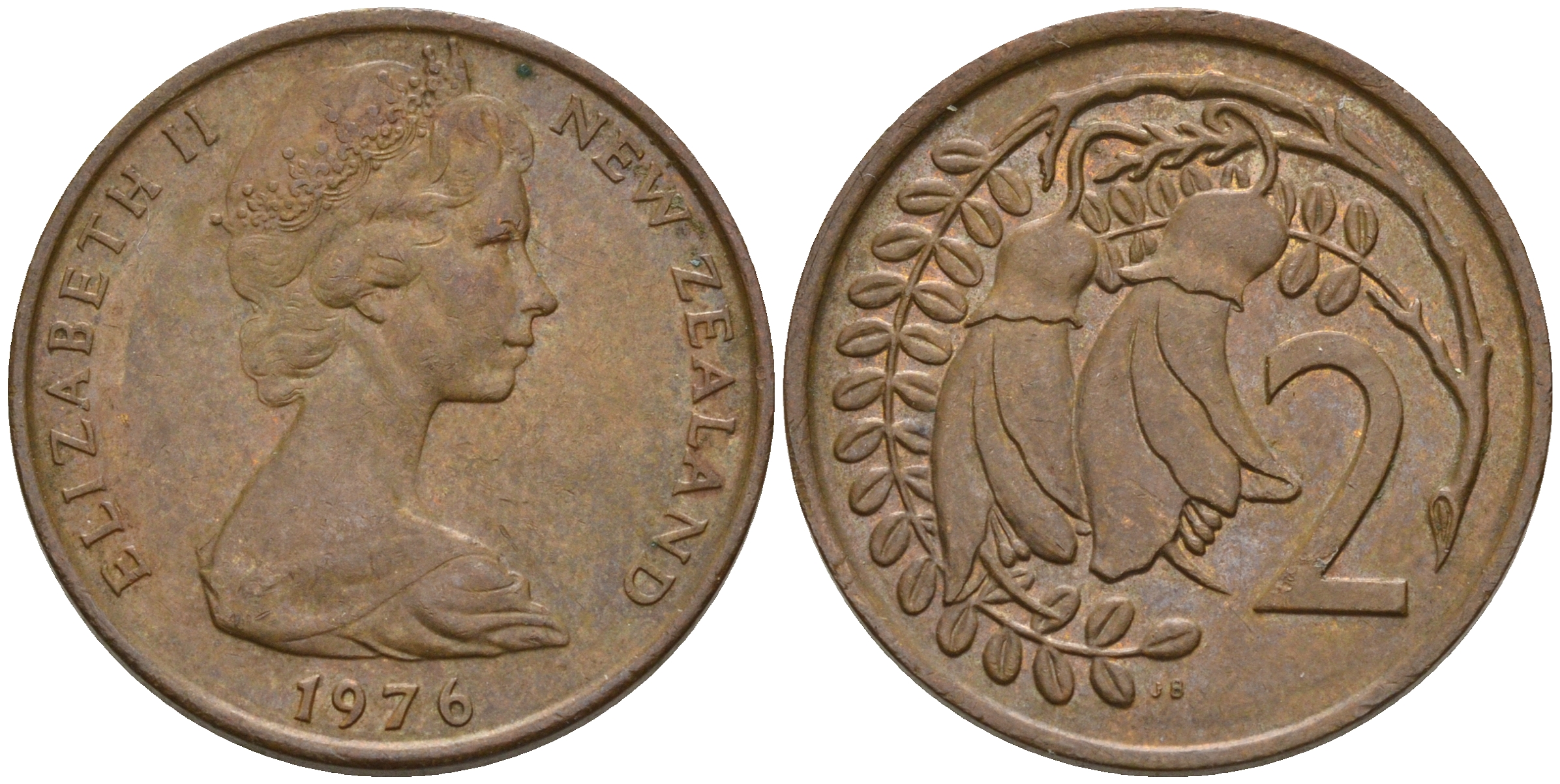 Новая Зеландия 2 цента 1976 Елизавета II (1952-2022), два цветка кохаи KM 32.1 бронза 4602-644