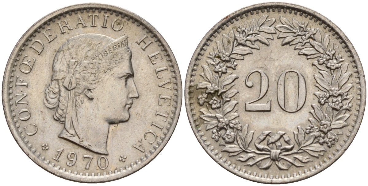 Швейцария 20 раппенов 1970 KM 29a медно-никель 4187-557