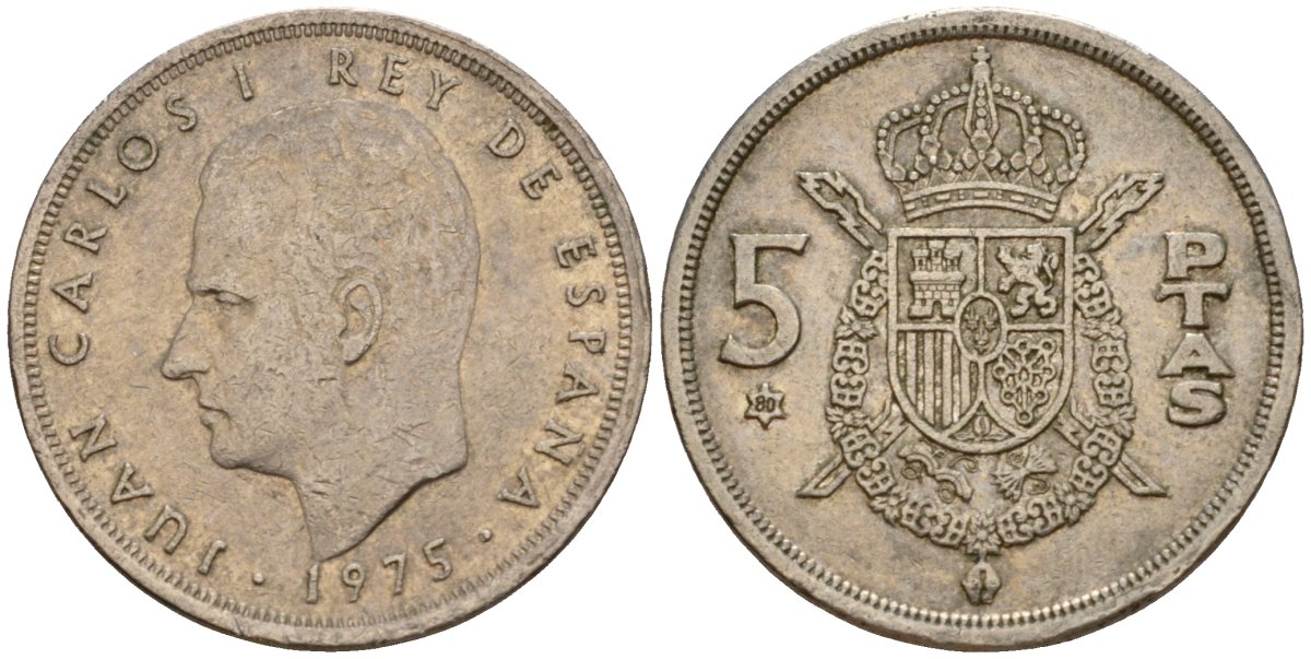 Испания 5 песет 1975 (80) Хуан Карлос I (1975-2014) KM 807 медно-никель 210-357