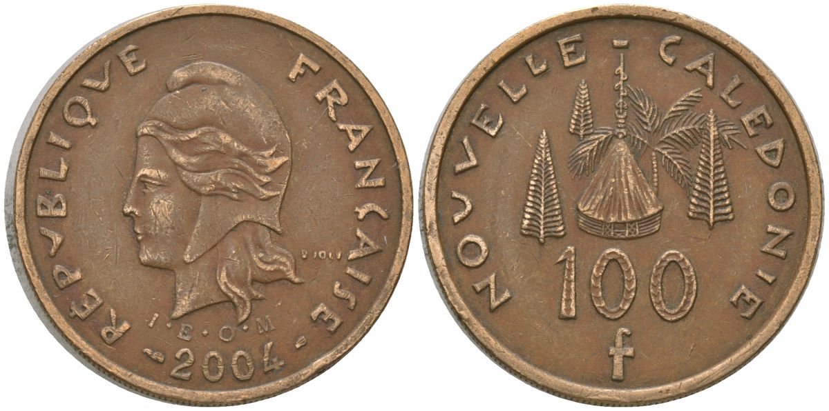 Французская Новая Каледония 100 франков 2004 хижина среди сосен и пальм, (IEOM) KM 15, Schoen 16, Lec 139h никель латунь 4149-514
