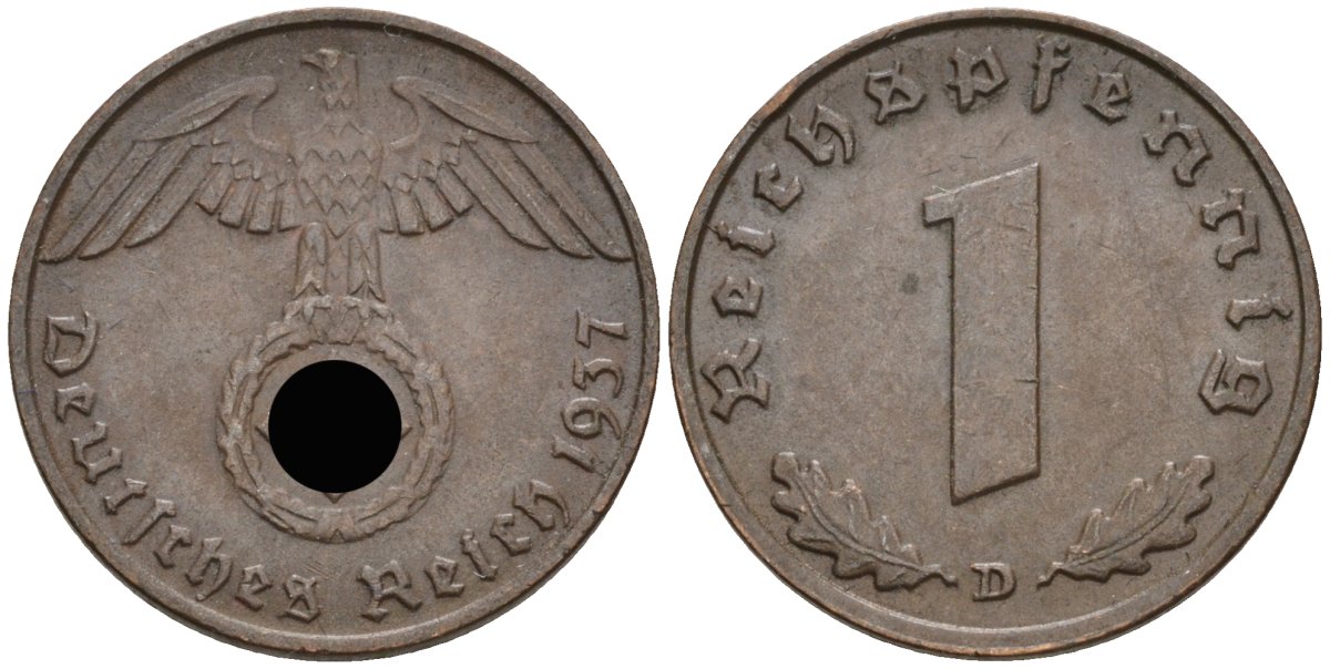 Германия 1 рейхспфенниг 1937 D KM 89, J 361 бронза 4136-361