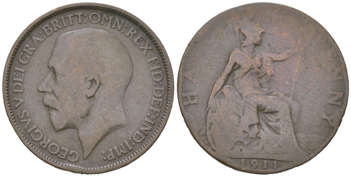 Великобритания 1/2 пенни 1911 Георг V (1910-1936) KM 809, Spink 4056 бронза 4616-724