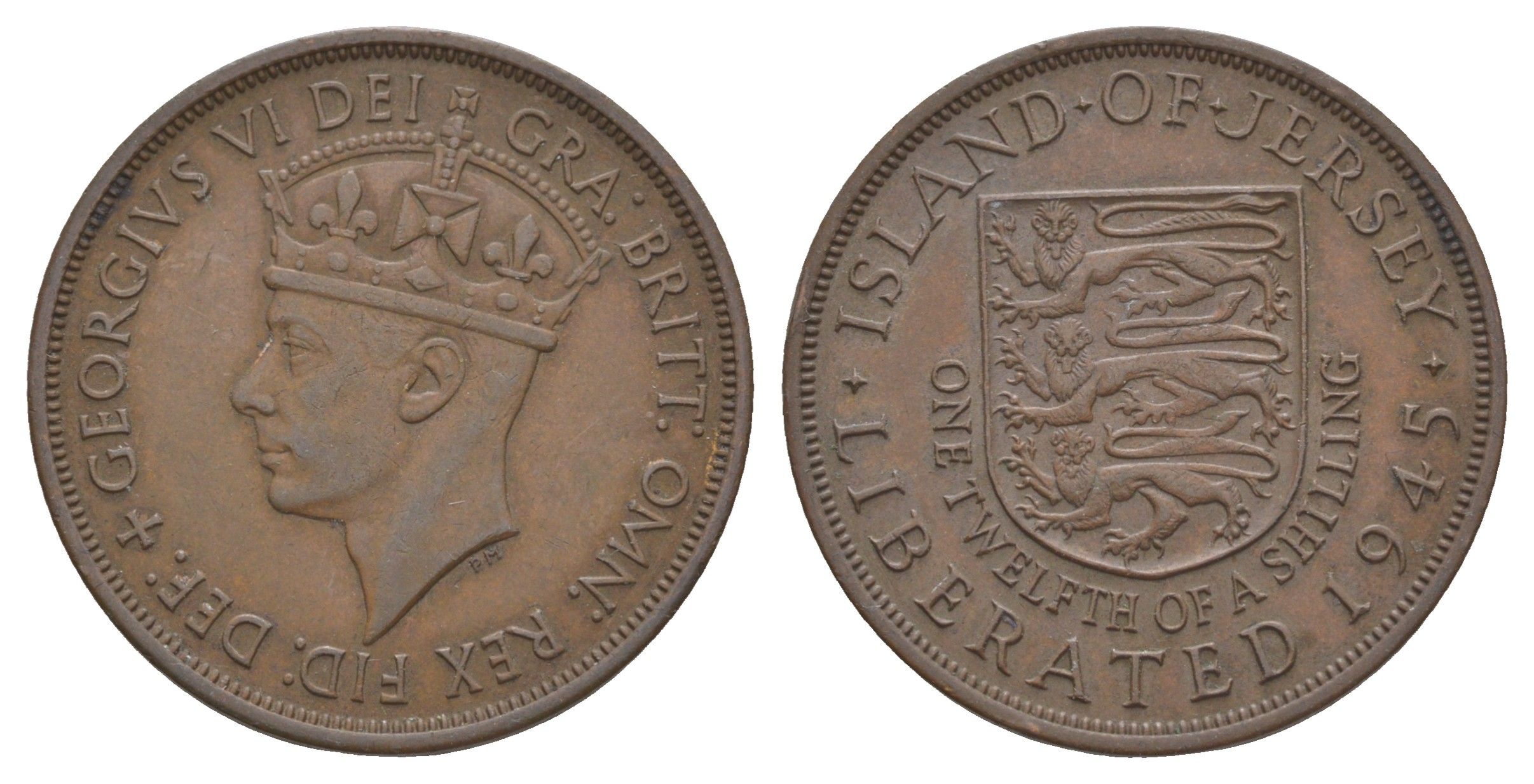 Джерси 1/12 шиллинга 1945 Освобождение (Король Георг VI) KM 19 бронза 4545-1231