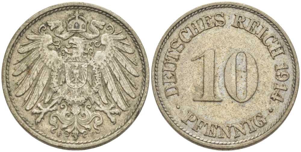ГЕРМАНИЯ 10 ПФЕННИГОВ 1914 F KM 12, J. 13, Weege 8 медно-никель 212-253