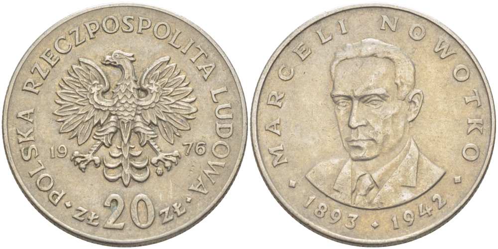 ПОЛЬША 20 ЗЛОТЫХ 1976 MW, МАРЦЕЛИЙ НОВОТКО KM 69, Parchimowicz 246d медно-никель 4512-714