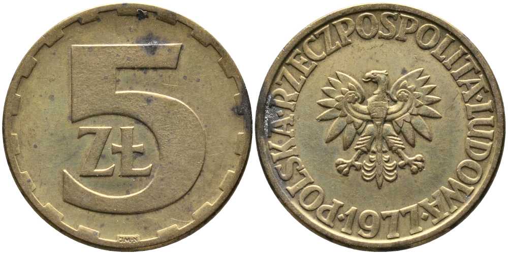 Польша 5 злотых 1977 монетный двор Ленинград (ЛМД) KM 81.1, Parchimowicz 221c латунь 110-843