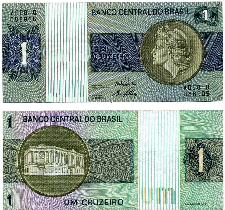 БРАЗИЛИЯ 1 КРУЗЕЙРО 1970-1972 ПОДПИСЬ 17, СЕРИЯ А 0081 Pick 191а бумага VF 7485-38-1