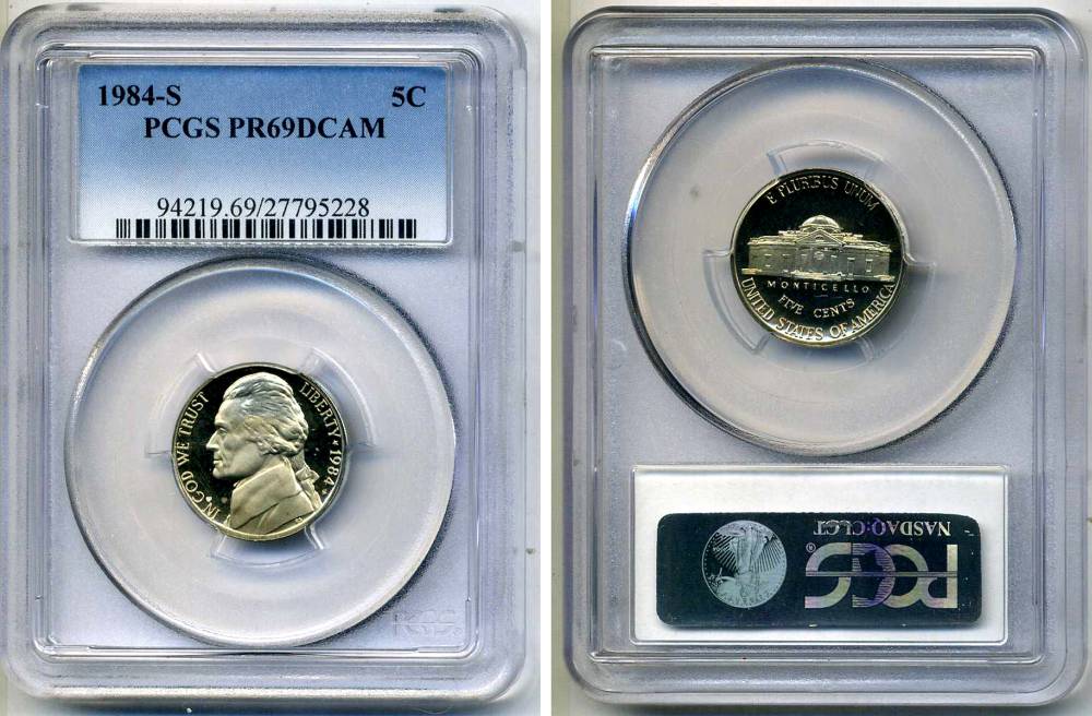 США 5 центов 1984 S, президент Джеферсон, в слабе PCGS PR69CAM KM А192 медно-никель PROOF 15-003-06