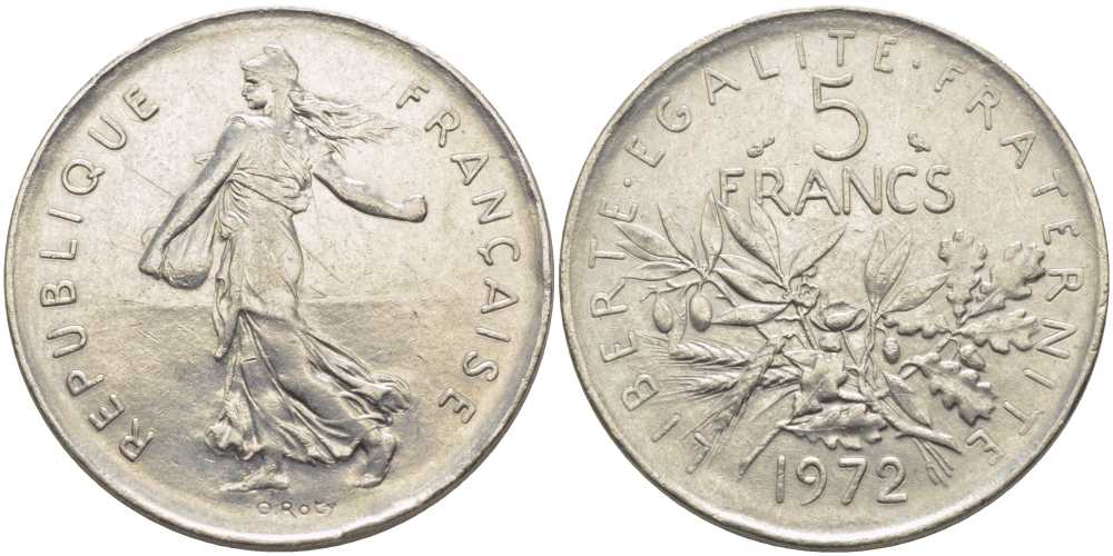 ФРАНЦИЯ 5 ФРАНКОВ 1972 СЕЯТЕЛЬ KM 926а.1, LE FRANC 341.4 медно-никель плакированный никелем 111-1135