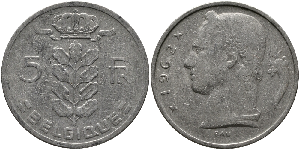 БЕЛЬГИЯ 5 ФРАНКОВ 1962 BELGIQUE KM 134.1 медно-никель 98-631