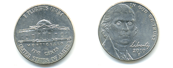 США 5 ЦЕНТОВ 2010 P ДЖЕФФЕРСОН KM 381 медно-никель 86-656