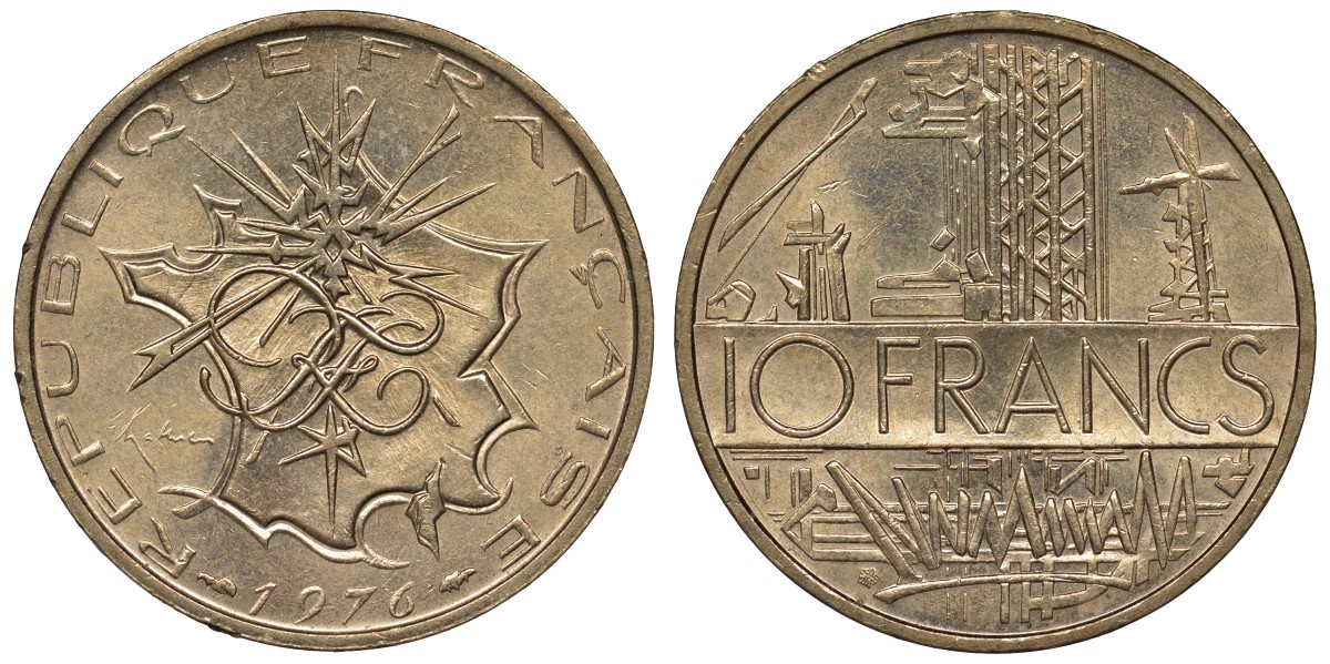 Франция 10 франков 1976 тип Матье KM 940, Le Franc 365.7-8 никель латунь 4123-614