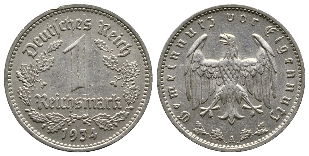 ГЕРМАНИЯ 1 РЕЙХСМАРКА 1934 А KM 78, J. 354 никель 4380-513