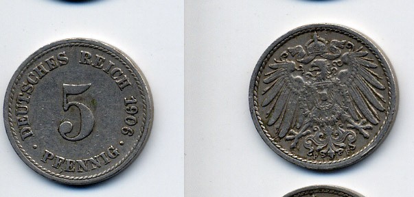 ГЕРМАНИЯ 5 ПФЕННИГОВ 1906 F, KM 11, J. 12 медно-никель 76-243