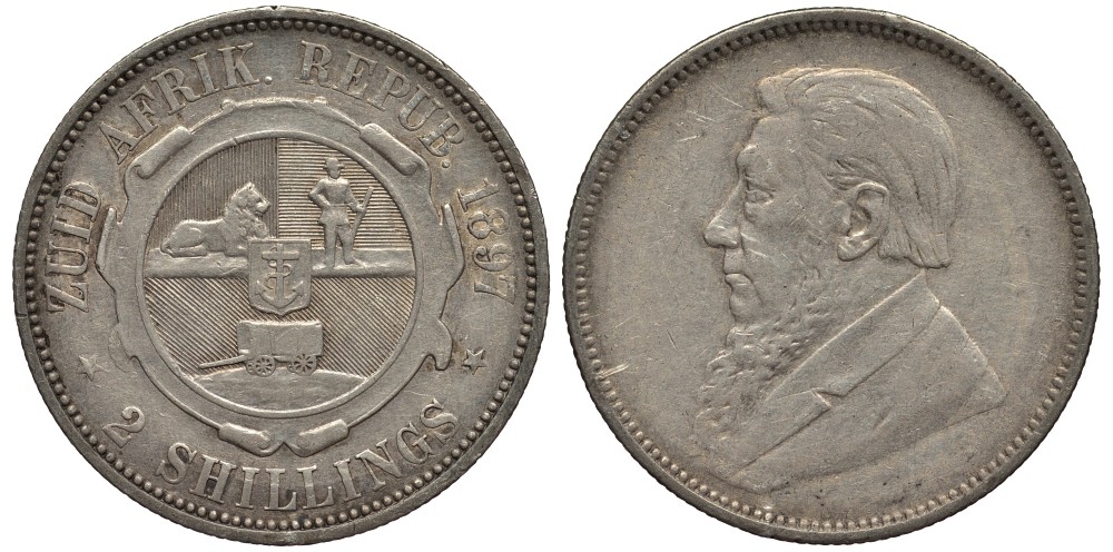 ЮАР, ZAR 2 ШИЛЛИНГА 1897 ЮЖНО-АФРИКАНСКАЯ РЕСПУБЛИКА ZAR ПРЕЗИДЕНТ КРЮГЕР, ПРОБА 925, ВЕС 11,31 ГР., ТИРАЖ 148000 ЭКЗ. KM 62 серебро 1520-314
