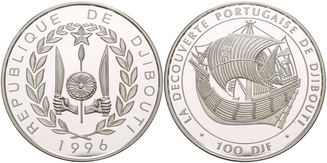 Джибути 100 франков 1996 открытие Джибути португальцами, парусник "NAO" KM 33 серебро PROOF 1081-7-22