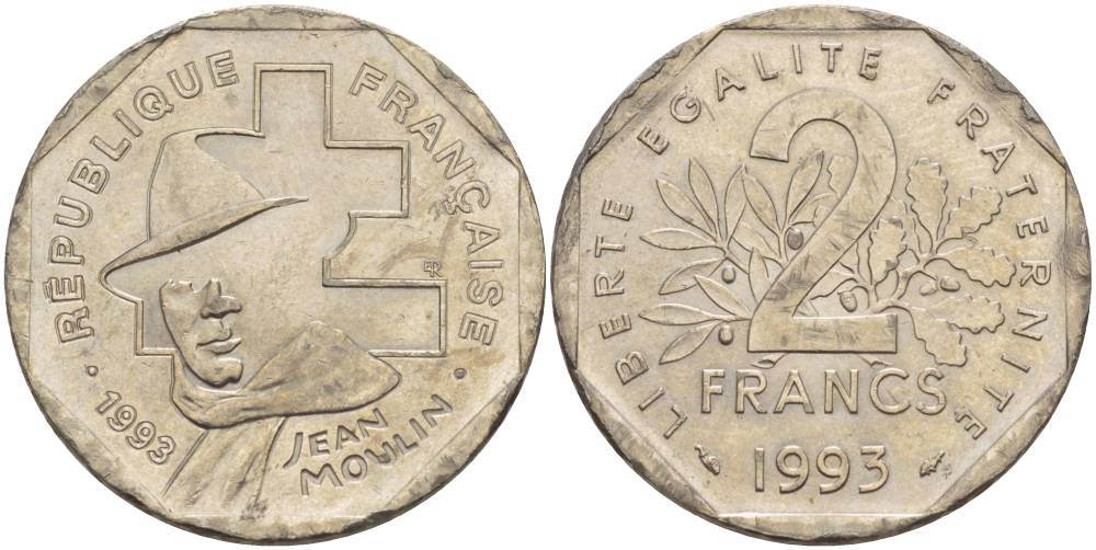 Франция 2 франка 1993 Жан Мулен, 50 лет Национальному движению сопротивления KM 1062, Le Franc 273.2 никель 4545-922