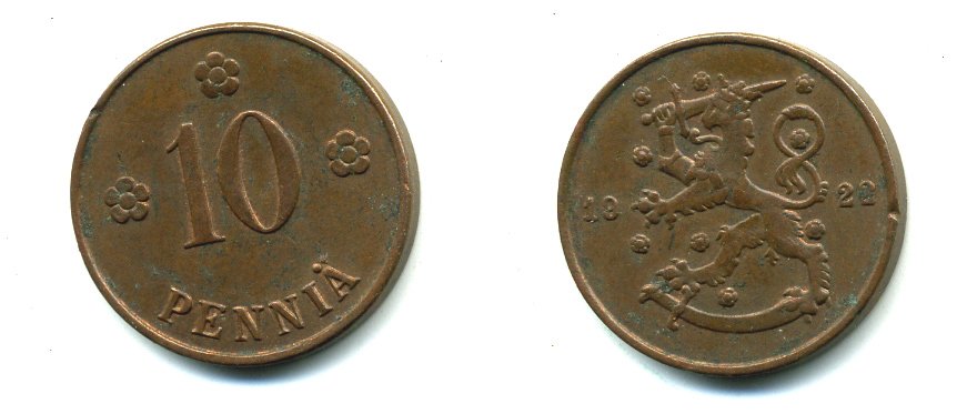 Финляндия 10 пенни 1922 республика (1918-1962) KM 24 медь 46-648