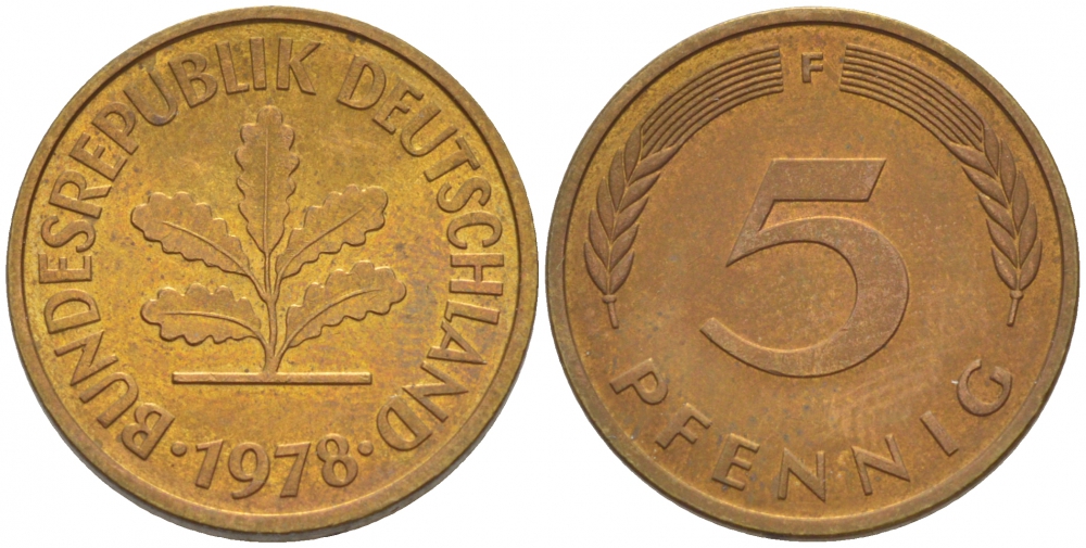 ФРГ 5 ПФЕННИГОВ 1978 F KM 107, J.382 сталь плакированная латунью 4547-1159
