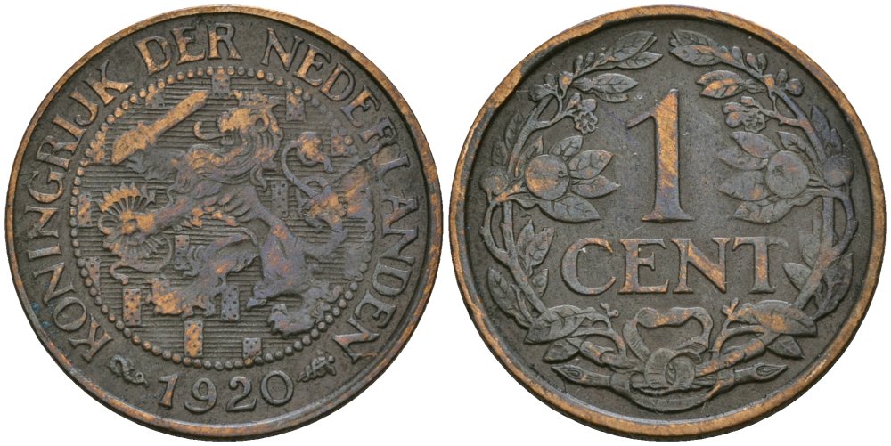 Нидерланды 1 цент 1920 Вильгельмина (1890-1948) KM 152 бронза 4576-1042