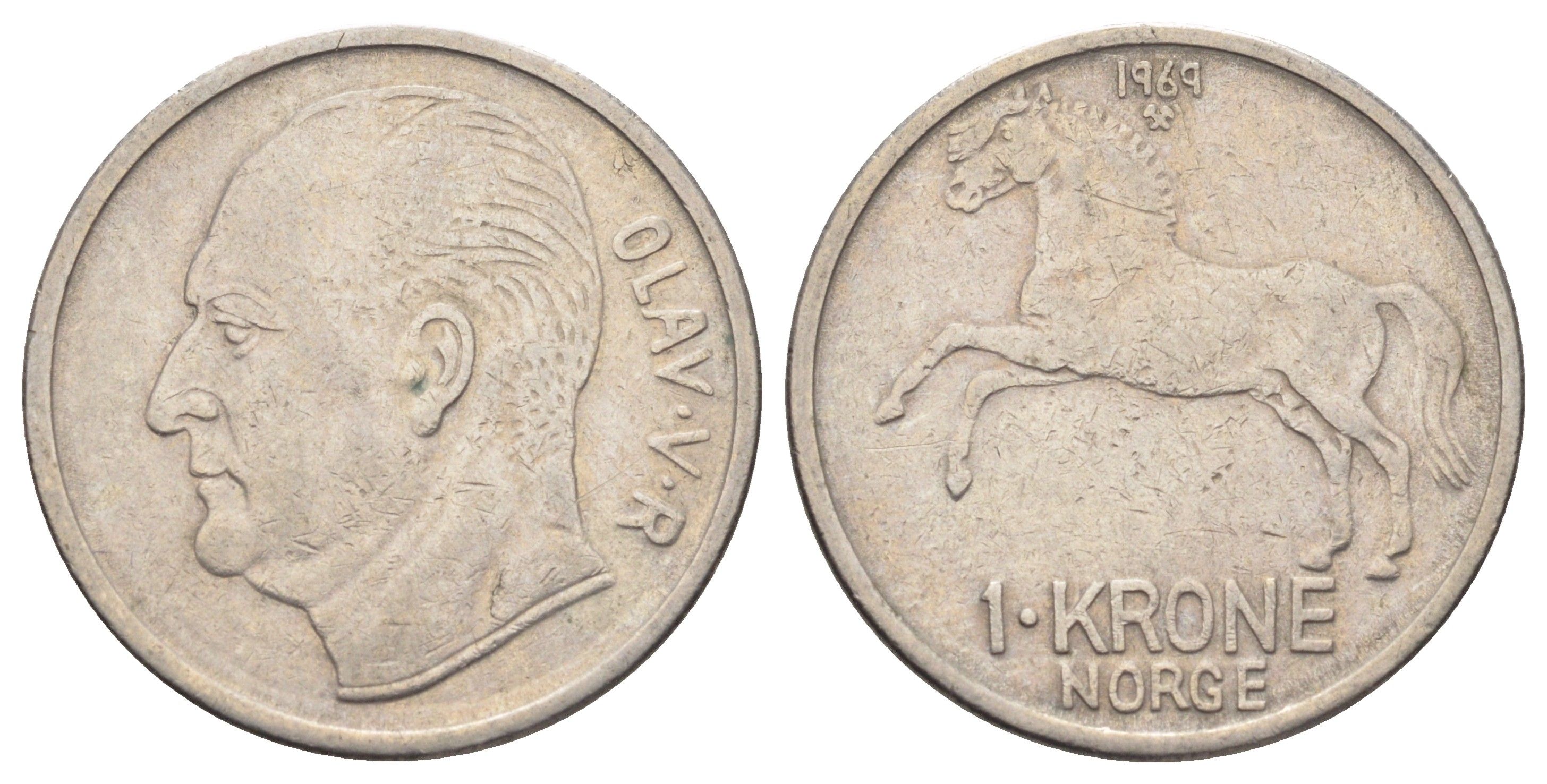 Норвегия 1 крона 1969 лошадь, Улаф V (1957-1991) KM 409 медно-никель 4700-746